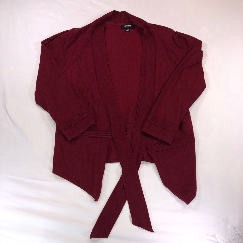 Premise Studio Womens Burgundy Open Front Tie Cardigan Sweater Size L